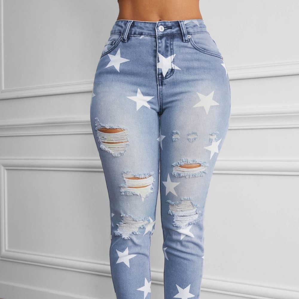Ripped Star Print Jeans